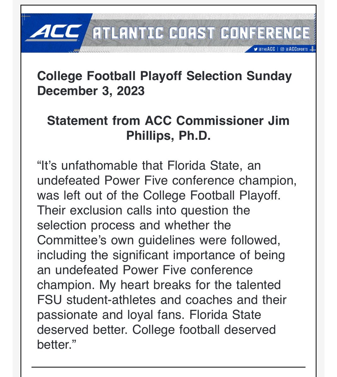 AndyStaples's tweet photo. Statement from ACC commissioner Jim Phillips (who you’ll recall is one of the three people responsible for there not being a 12-team CFP this year) https://t.co/kOldXXTjcu