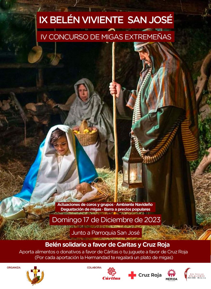 IX BELÉN VIVIENTE SAN JOSÉ.
El próximo 17 de diciembre a partir de las 11.30 horas.
BELÉN  SOLIDARIO A BENEFICIO DE CARITAS Y CRUZ ROJA.
sagradacena.semanasantademerida.es/ix-belen-vivie…
Al mismo tiempo se celebrará el "concurso de migas extremeñas"
Participa!!!!!
sagradacena.semanasantademerida.es/iv-concurso-de…