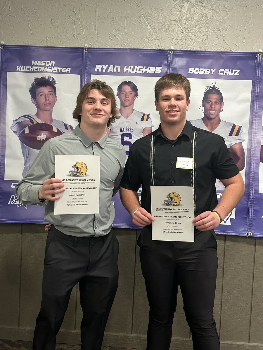 Congrats to our Raider Award winners- Luke Chorlton and Jeremiah Thom. These two represent the leadership and character of CDH football. Thank you boys!