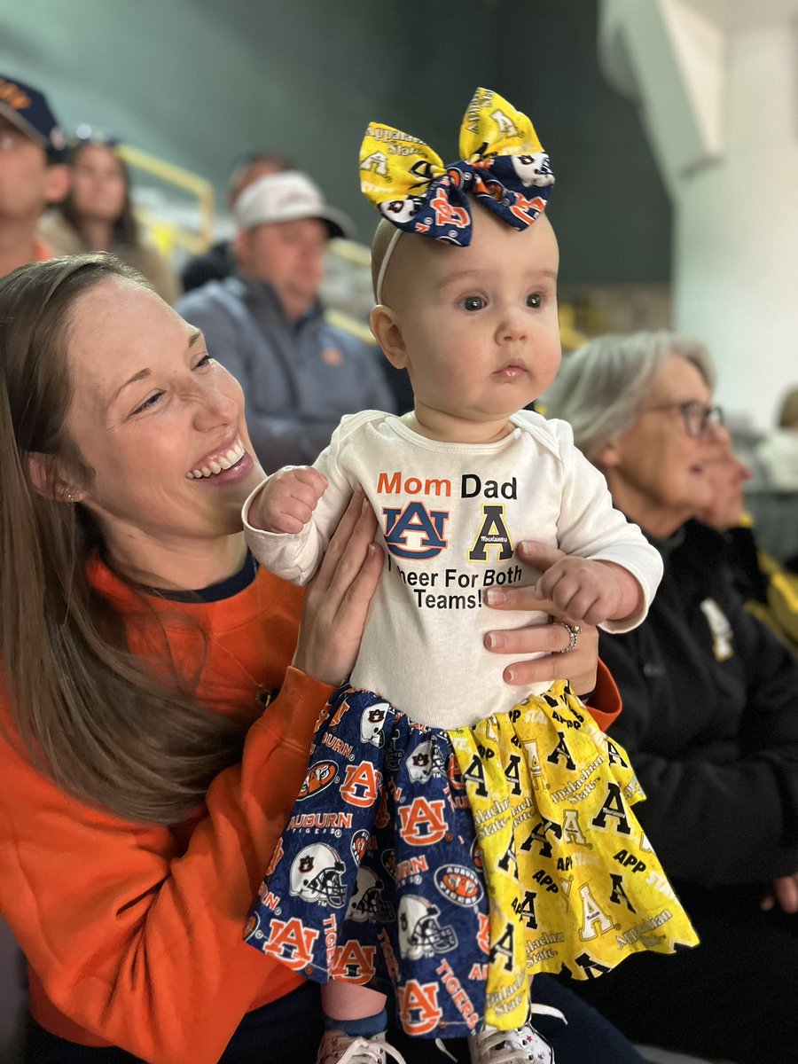 Kennedy’s first basketball game is appropriately an <a href="/appstate/">Appalachian State</a> v <a href="/auburnu/">Auburn University</a> game in Boone, and we couldn’t resist dressing her for the occasion. (Specially made of course, not a big market for App-Auburn house divided clothes)