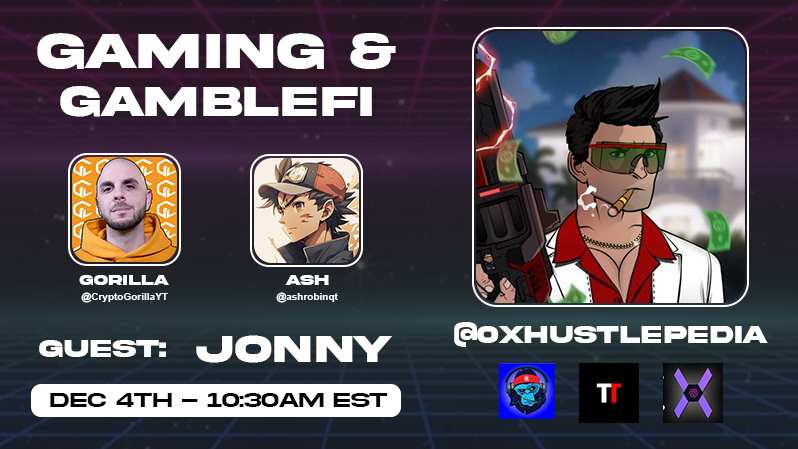 CryptoGorilla's tweet photo. Happy to announce the return of @hustlepedia to our Monday spaces!

He'll be dropping all the alpha on his latest Gaming and GambleFi plays.

We'll also talk about:
- Our latest trades
- Pudgy pump
- The return of OpSIN &amp; more!

You don't want to miss it! RSVP below 👇 https://t.co/msN38GDTSf