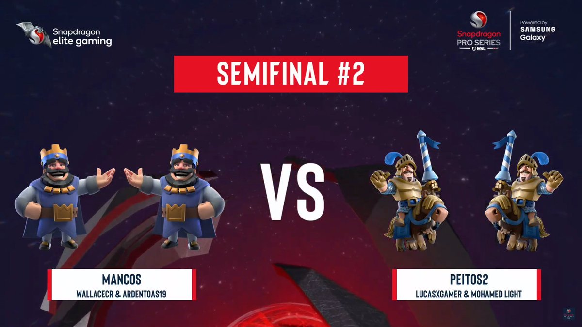 We are now LIVE with another epic Semifinal!

<a href="/WallaceCR_/">Wallace</a> &amp; <a href="/ardentoas191/">STMN Ardentoas</a> 
                             🆚
<a href="/lucasxgamercr/">LucasXGamer CR</a> &amp; <a href="/MohamedLightCr1/">Mohamed Light</a> 

Tune in NOW:
▶️ youtube.com/watch?v=36nGrd…
📺 twitch.tv/ESL_Mobile

#Snapdragon <a href="/EsportsRoyaleEN/">Clash Royale Esports</a>
