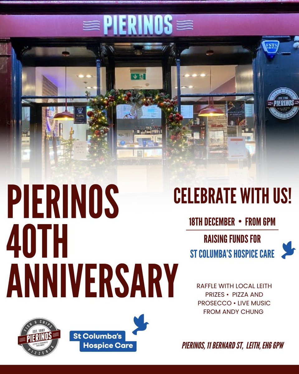 PierinosL's tweet photo. PIERINOS TURNS 40! 🎈🎂

You're all invited to celebrate our 40th Anniversary with us on 18th December from 6pm! Join us in the shop for an evening of live music from Andy Chung, alongside free pizza and prosecco! 🍕🥂 
#leithwalk #leithshore #leithedinburgh #leithcommunity https://t.co/rLLDP8AWN6