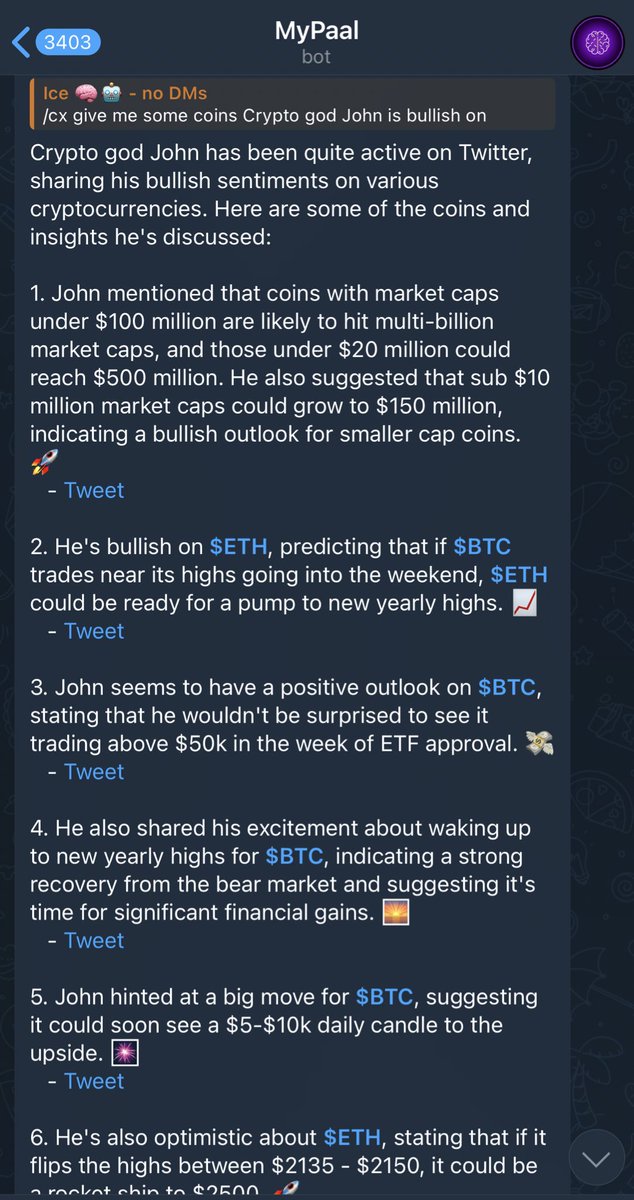 As promised, our AI for live crypto info search on <a href="/X/">X</a> is now live! It compiles data from a handpicked list of ~500 creators on Crypto Twitter. 📈

Try it on Telegram [t.me/mypaalbot] using the /cx command and share your thoughts in our community!