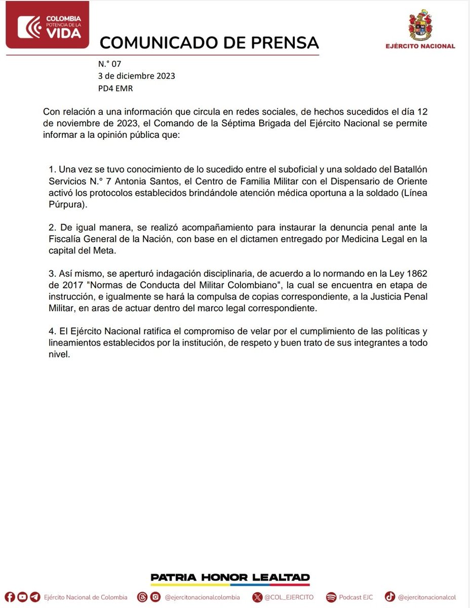 Ejercito_Div4's tweet photo. #InformaciónOficial | Con relación a una información que circula en redes sociales, de hechos sucedidos el día 12 de noviembre de 2023, el Comando de la Séptima Brigada del Ejército Nacional, se permite informar a la opinión pública que: https://t.co/0QJwv9Burh