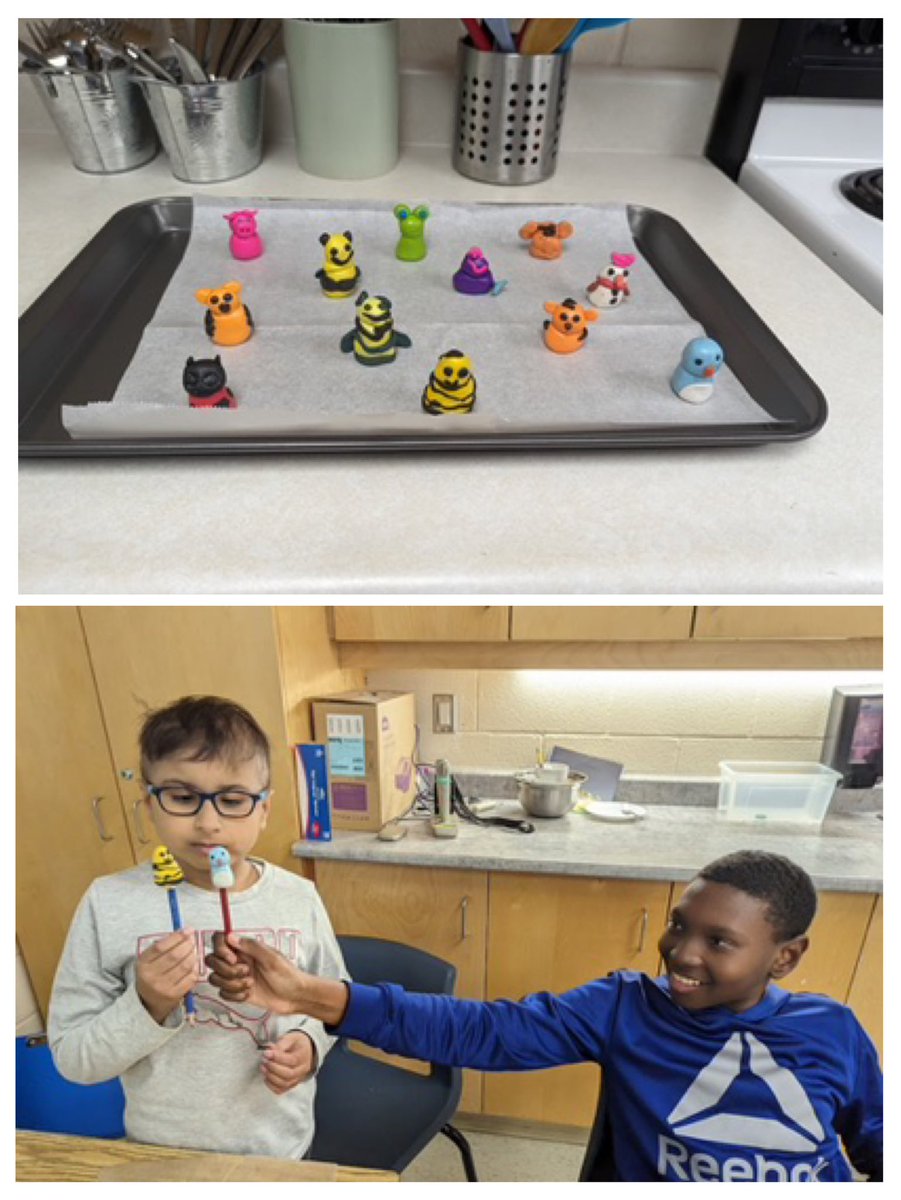 456B made pencil toppers from polymer clay. Here they are waiting to get baked in the oven to harden.