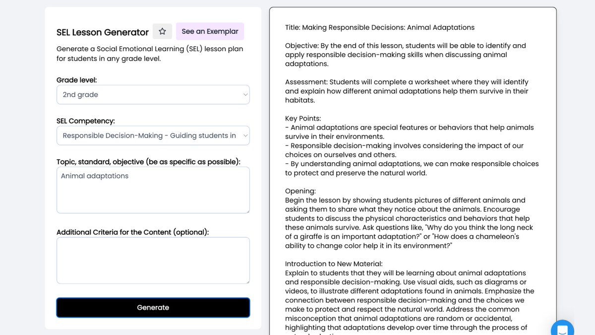 MagicSchool.ai has a Social Emotional Lesson Generator. Choose a grade level, enter a topic/standard/objective, and select an SEL competency: 🤔 Self-awareness 👍 Self-management 🤝 Relationship skills 😇 Responsible decision-making app.magicschool.ai/tools/sel-less…