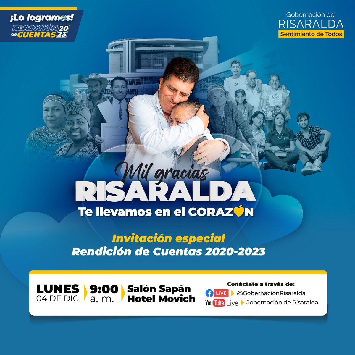 Gob_Risaralda's tweet photo. #LoLogramos | 🙏 Acompáñanos en nuestra Audiencia Pública de Rendición de Cuentas en donde nuestro Gobernador @VictorTamayoV compartirá los logros de nuestra administración #SentimientoDeTodos

🗓️ Lunes 4 diciembre
📍Salón Sapán, Hotel Movich
🕣 9:00 a.m 

¡Los esperamos! https://t.co/LvJrhxCjK9