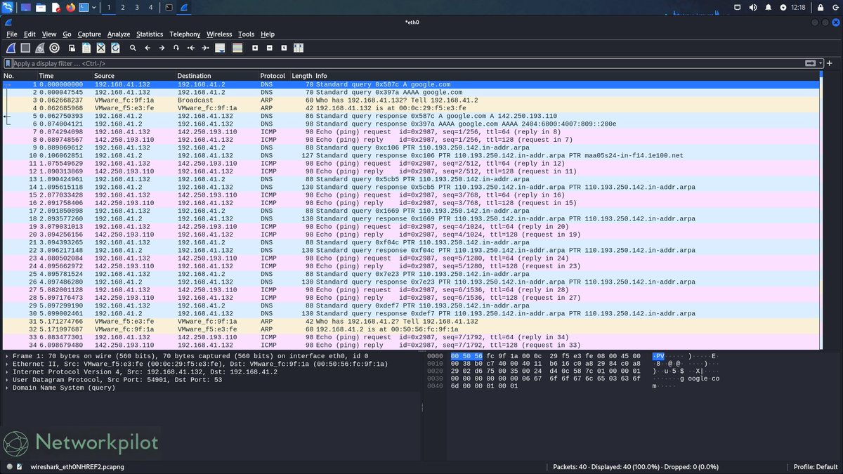Networkpilot01's tweet photo. Walking around Networks #wireshark is awesome! 
Wireshark is a Network protocol analyzer
&amp; packet sniffer,
captures network traffic from ethernet, Bluetooth, wireless (IEEE. 802.11) networks.

#wireshark  #linux #kalilinux #vmware #networkengineer #ccna #ccnatraining https://t.co/q8e1pImsDz
