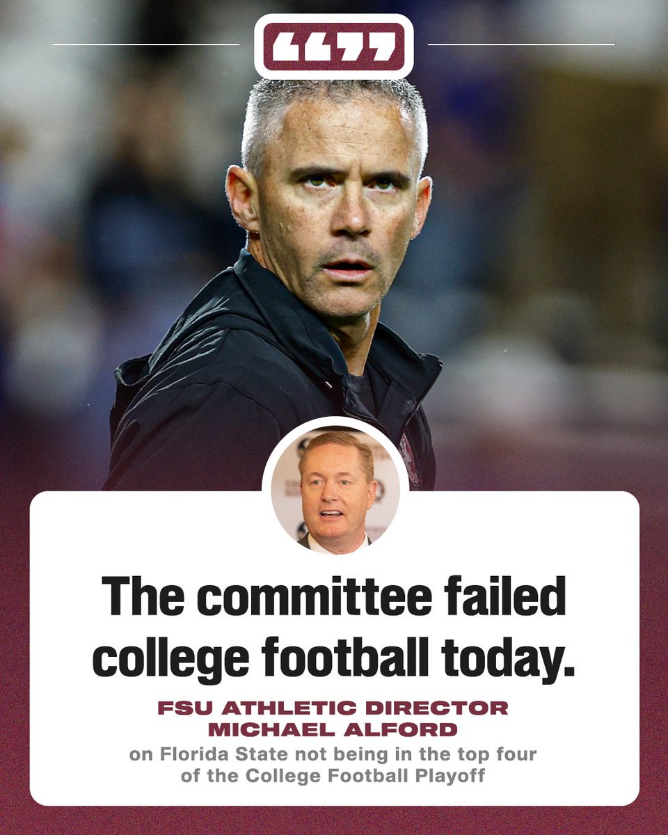 Florida State AD Michael Alford called the decision to leave FSU out of the CFP "unforgivable." 

#CFBPlayoff | 📷 <a href="/FloridaState/">Florida State University</a>