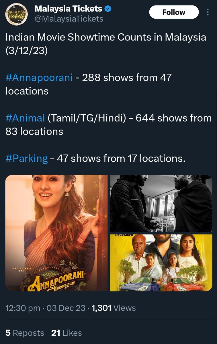 remaerdkihtraK's tweet photo. Double the amount of shows added in Malaysia  for #Nayanthara's #Annapoorani  in 3rd day than in 1st day. 

@mskcinemas @ZeeStudios @Nilesh_Krishnaa @MusicThaman #LadySuperstar75  #N75. 
🔥🔥🔥🔥 https://t.co/RWza3533YE