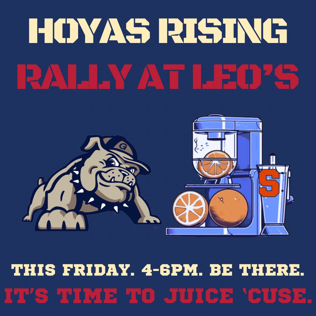 ATTENTION HOYAS. Mark your calendars for this Friday, December 8th, from 4-6pm for a Hoyas Rising rally at Leo’s to get ready to JUICE ‘CUSE! Show @georgetownhoops and Coaches that we’ve got their back!Stay tuned, more details to follow. #hoyasaxa #juicecuse #mensbasketball