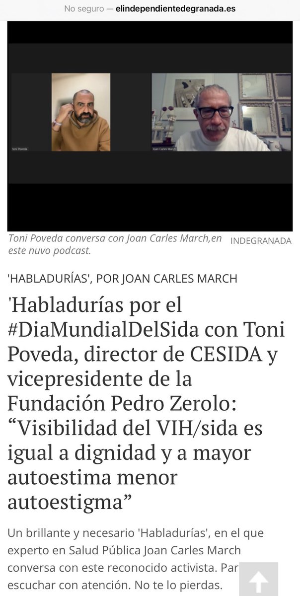 joancmarch's tweet photo. .@ToniPoveda director de @cesida_esp y vicepresidente @FPedroZerolo en nuestras HABLADURÍAS, mi podcast en @IndeGranada:
“#Visibilidad del VIH/sida es igual a #dignidad y a mayor #autoestima menor #autoestigma”
Ideas #DiaMundialDeLaLuchaContraElSida
✅https://t.co/XhjRVpnxiz https://t.co/sh6KoOEBD9