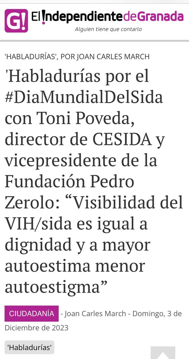 joancmarch's tweet photo. .@ToniPoveda director de @cesida_esp y vicepresidente @FPedroZerolo en nuestras HABLADURÍAS, mi podcast en @IndeGranada:
“#Visibilidad del VIH/sida es igual a #dignidad y a mayor #autoestima menor #autoestigma”
Ideas #DiaMundialDeLaLuchaContraElSida
✅https://t.co/XhjRVpnxiz https://t.co/sh6KoOEBD9