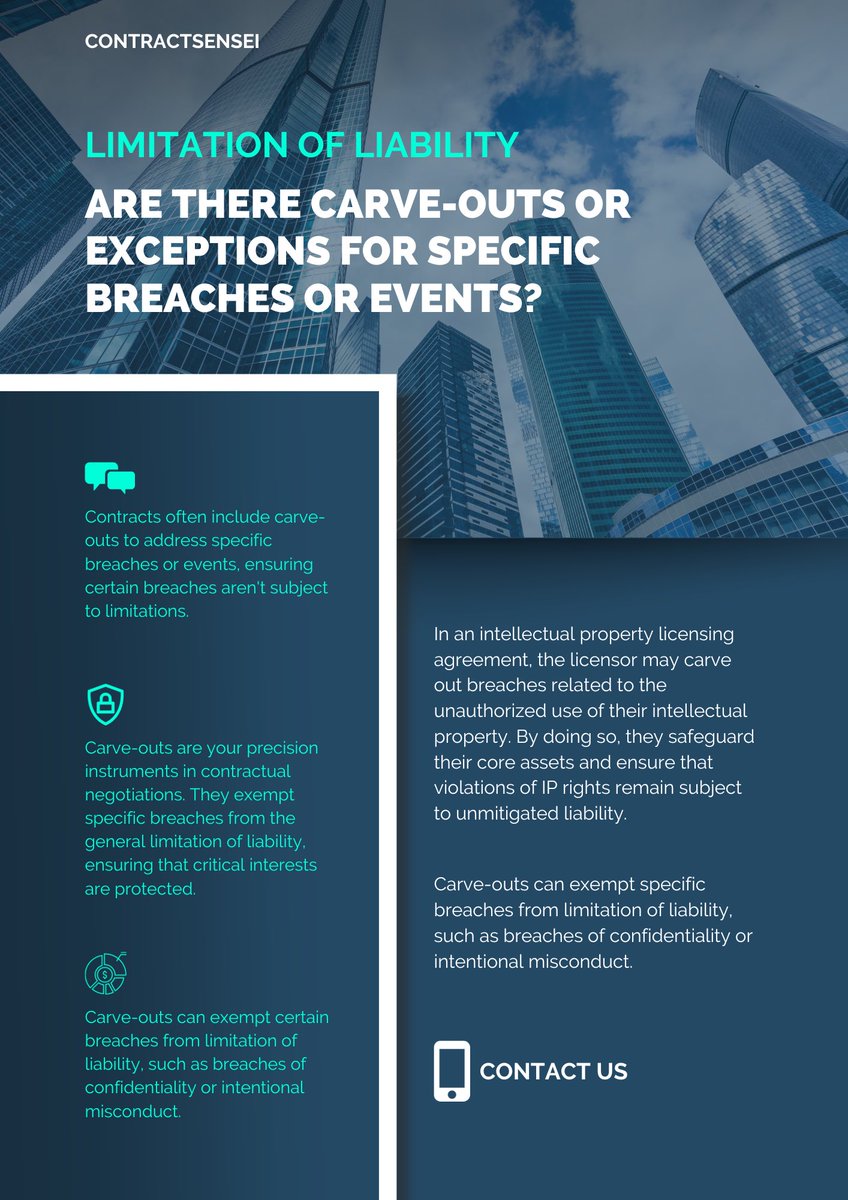 ContractSensei's tweet photo. Navigating the realm of breaches and events, one must inquire about potential carve-outs or exceptions tied to specific circumstances. Are there specific breaches or events that deviate from the norm, and if so, what distinguishes them? https://t.co/BRHa90woM7