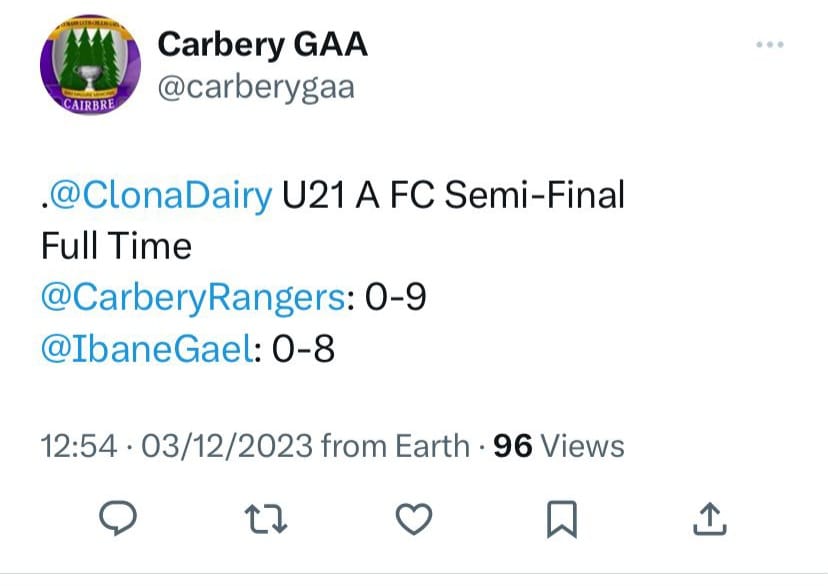 Even the official Carbery GAA account had the final result as a win for Carbery Rangers.