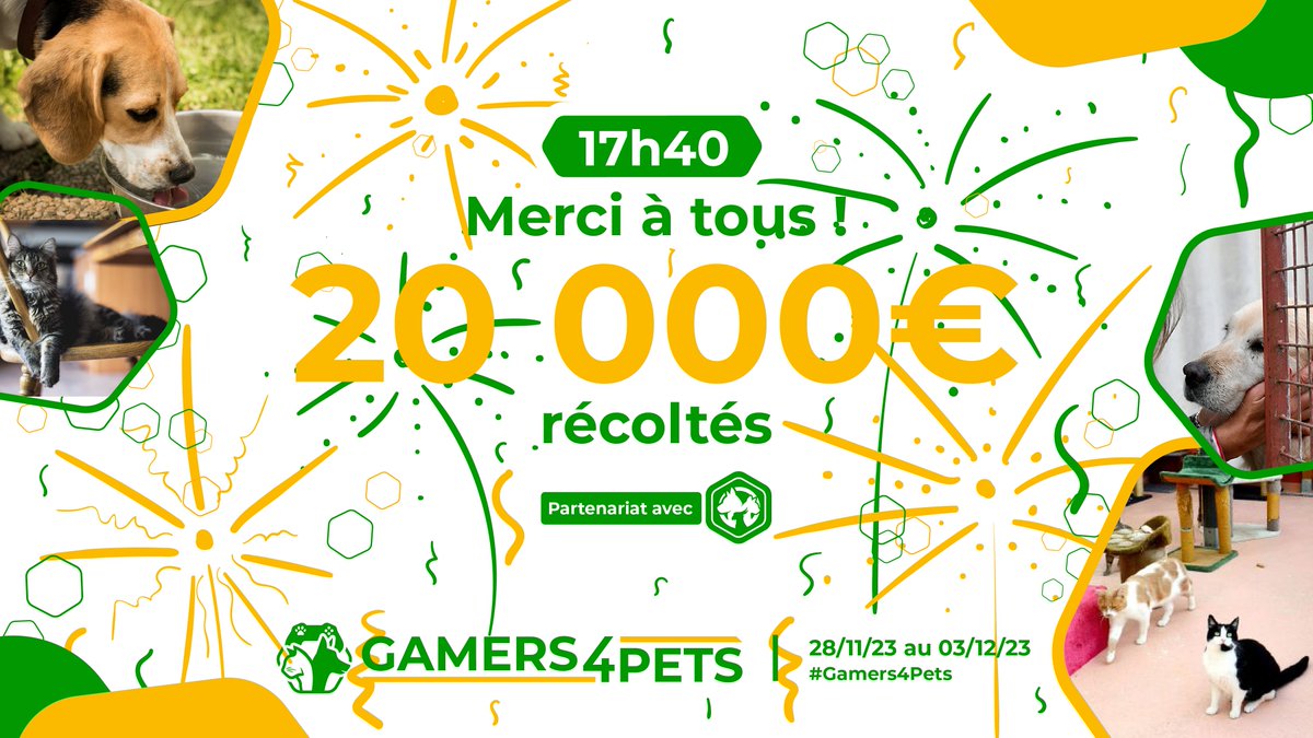 Nous avons atteint les 20 000€ en 117H40 / 122h de live marathon pour gamers4pets 💖

L'événement se termine à 22h ce soir, rejoignez-nous pour passer la clôture tous ensemble lors de notre grand final ! 🥳

Notre boutique est encore ouverte ! 👕🧣
➡️newdreamcollections.fr/gamer4pet