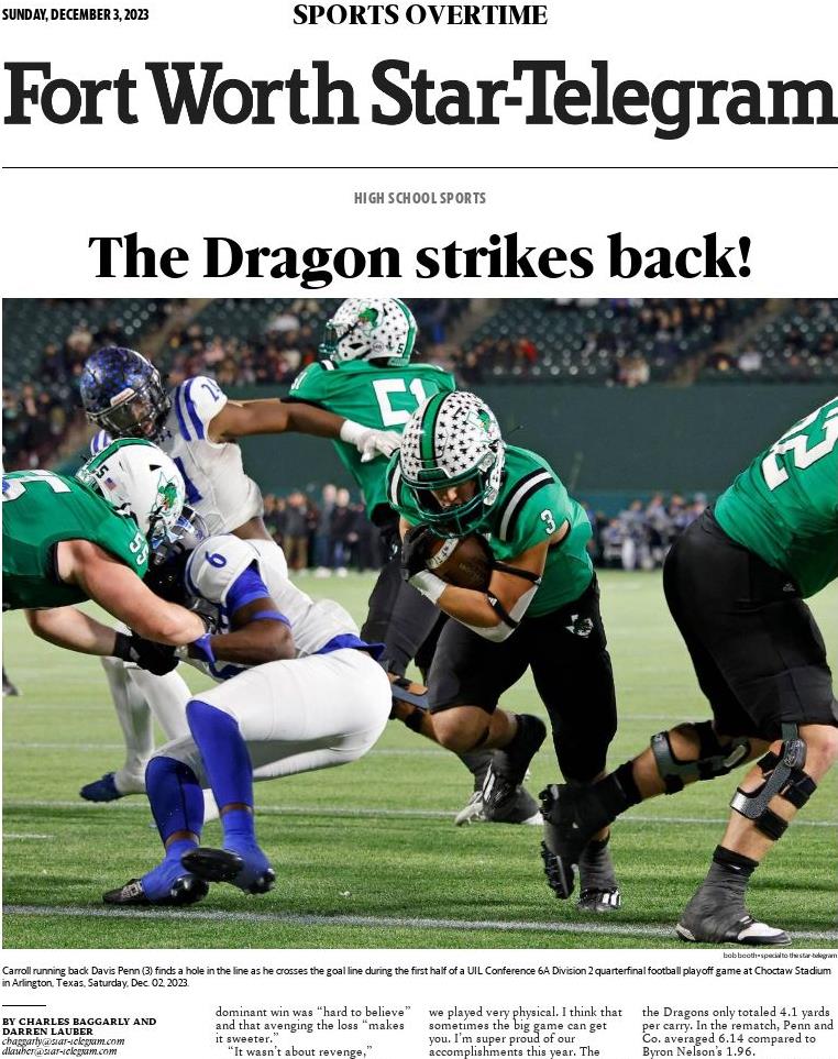 swaggarly's tweet photo. The front page of today's @startelegram high school football e-edition: THE DRAGON STRIKES BACK!

Southlake Carroll sophomore running back Davis Penn graces the cover with a 146 yard and 4 touchdowns performance. #txhsfb https://t.co/JrTLFQQ9Ab