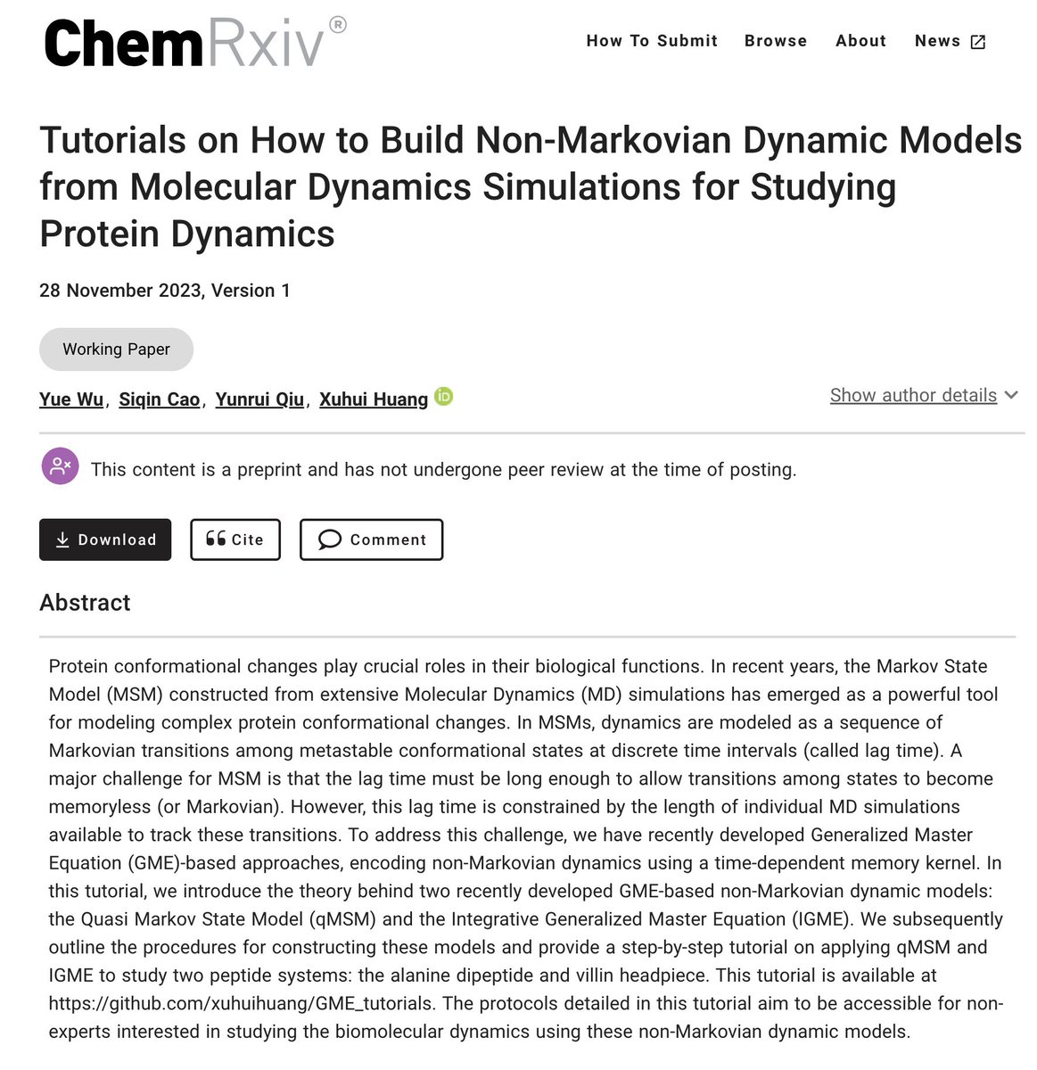 XuhuiHuangChem's tweet photo. Our group has just released a step-by-step tutorial for building non-Markovian dynamic models (qMSM and IGME) to study protein dynamics. It is available on GitHub: https://t.co/waE7u4FGAU. This tutorial utilizes both MSMBuilder v2022 and PyEMMA v2.5.12. 
https://t.co/0Q2jrcZQNU https://t.co/iYAJ52tuAb