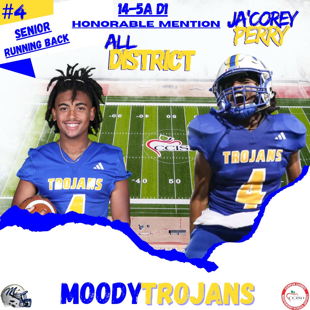 TrojanPrideFtbl's tweet photo. Huge congrats to Senior Running Back Ja'Corey Perry on being named Honorable Mention All-District! Ja'Corey finished the season as our 3rd Leading Rusher and provided senior leadership for our backfield.
#TrojanPride🔵🟡 https://t.co/UnOsUh2gCo