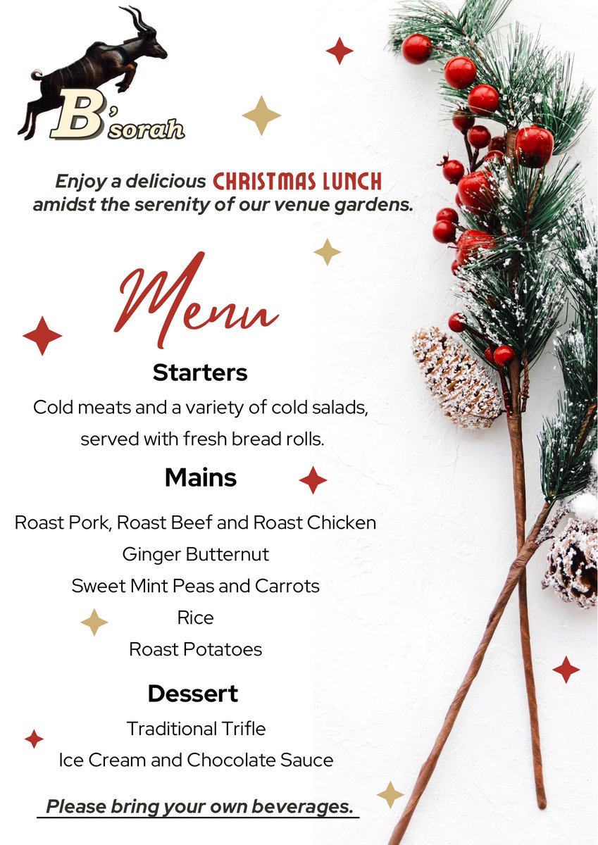 Enjoy a delicious outdoor lunch on Christmas day with your friends and family at B'sorah! Included is access to our beautiful hiking trails for the day, so don't forget to bring your hiking shoes with!

Bookings are essential. To book, contact Tanya at 079 495 9691.