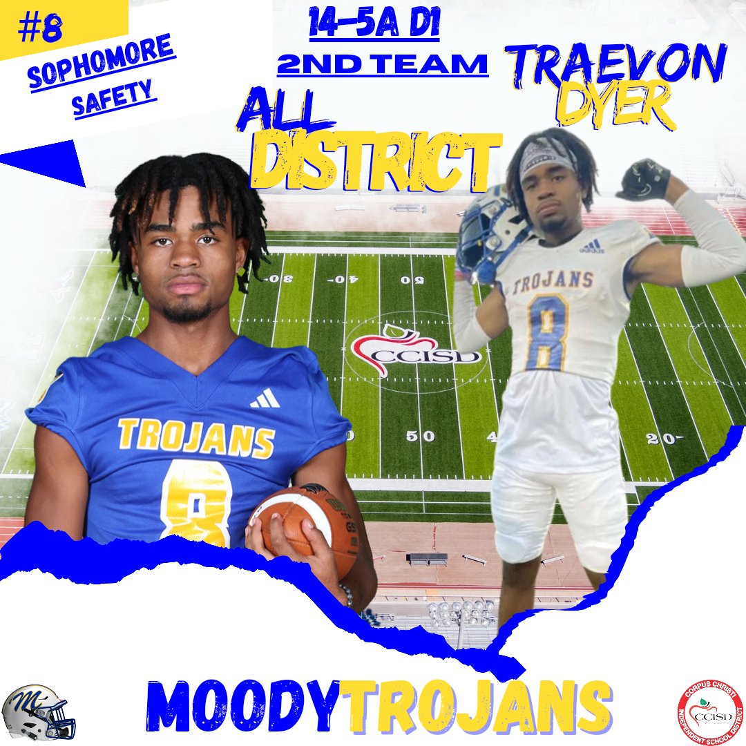 TrojanPrideFtbl's tweet photo. Huge congrats to Sophomore Traevon Dyer on being named 2nd Team All-District Safety! Traevon finished the season as the 2nd leading tackler on our team.  @Traevon45535
#TrojanPride🔵🟡 https://t.co/oAs05vP0jo