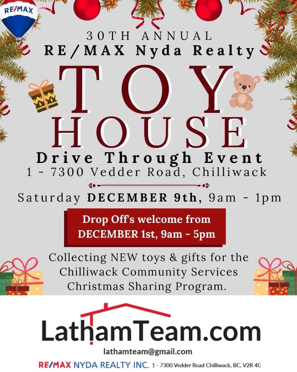 LathamTeam's tweet photo. Saturday December 9:00 AM -1:00 PM 
Re/Max Nyda 7300 Vedder Chilliwack

Helping Chilliwack Community Services make Christmas a little Merrier for the less fortunate in our home town. ❤️❤️
#bradlatham #remax #homes #fraservalley #stevelatham #canada https://t.co/hD7ODPYbCm