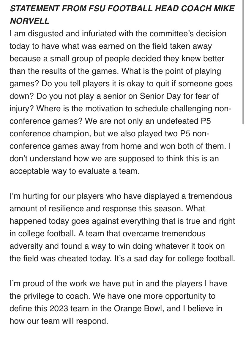 Warchant's tweet image. 'Disgusted', 'infuriated'
Florida State head coach Mike Norvell releases statement following FSU being left out of CFP