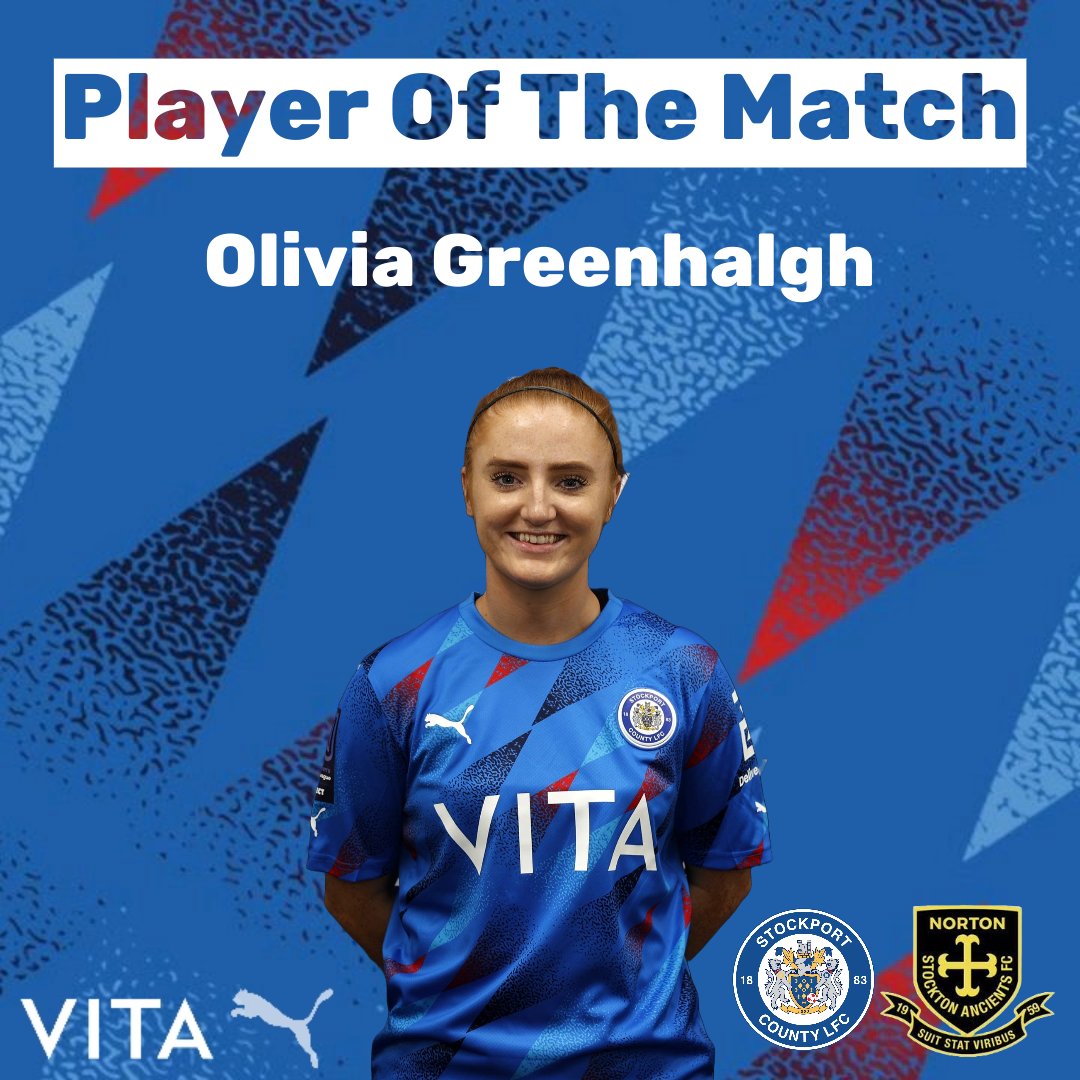 𝗣𝗹𝗮𝘆𝗲𝗿 𝗢𝗳 𝗧𝗵𝗲 𝗠𝗮𝘁𝗰𝗵 Player Of The Match today as voted for by her teammates was our midfield maestro, @LivGreenhalgh! Her two goals this afternoon helped guide the Hatters to victory against @NortonLadies. Congratulations, Liv 🔵⚪️🎩 #StockportCounty