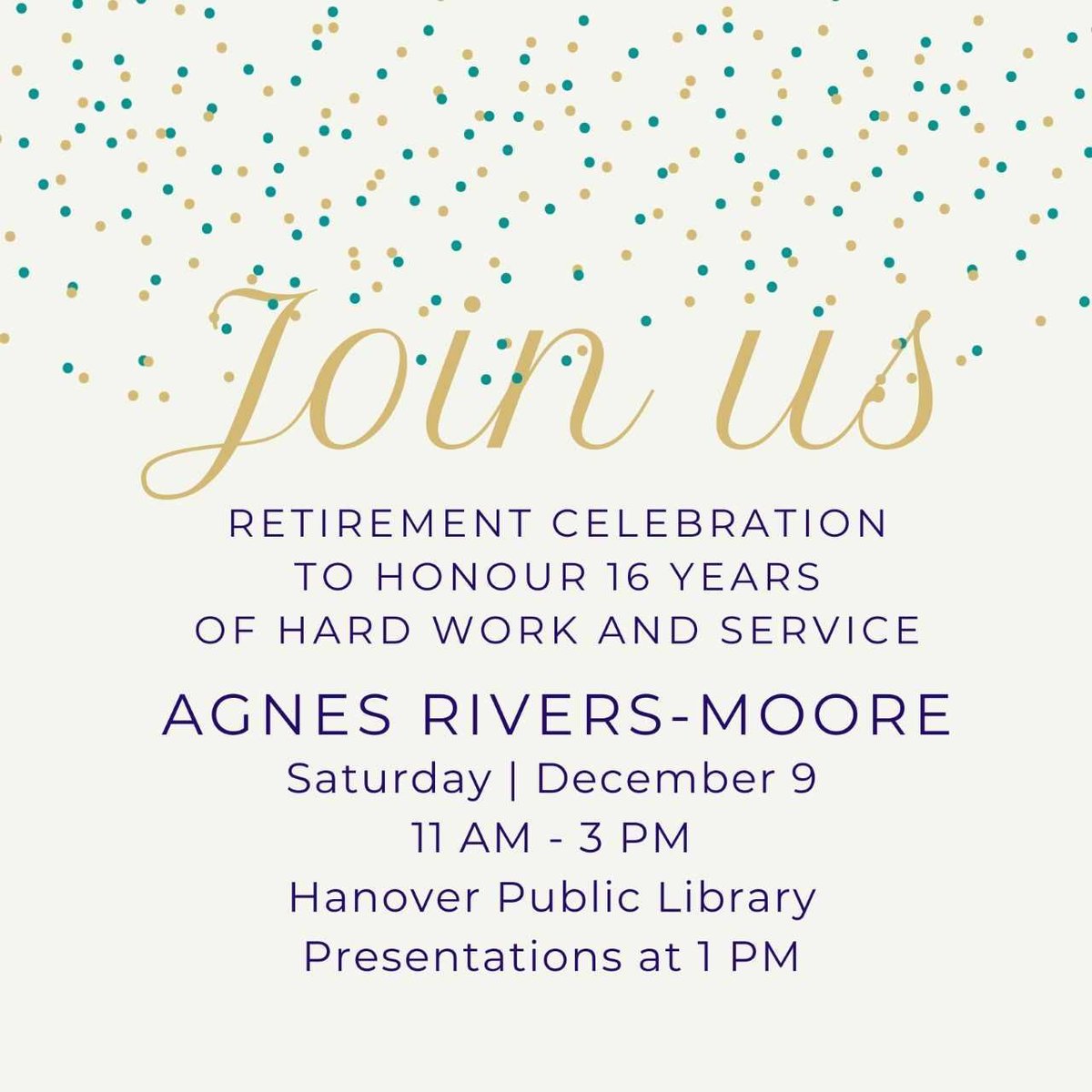 HanoverLibrary's tweet image. CEO Agnes is retiring!! Please join us to celebrate her 16 years with the library on Saturday Dec. 9th from 11am-3pm!