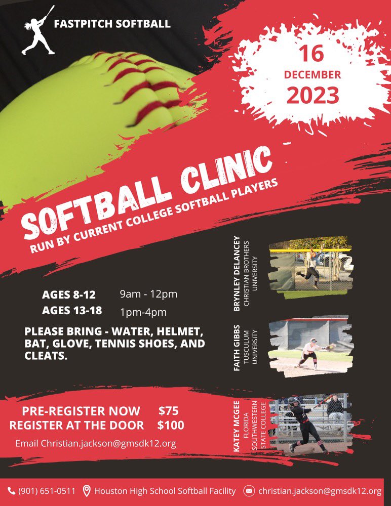 Hey y'all! We are hosting a winter softball clinic on the 16th. This is a great way to better your skills and learn new things from current college softball players. More information is down below. See y'all then!! <a href="/faithcgibbs/">Faith Gibbs</a> <a href="/KateyMcGee1/">Katey McGee</a>
