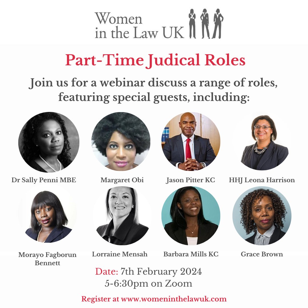 WomenintheLawUK's tweet photo. Want to learn more about the range of Part-Time #JudicialRoles available? Please join our special guests on 7th #February for our informative #webinar. Book now: https://t.co/z7J0If3ToR
#Judge #LawCareer #CareerProgression #Coroner #Recorder #CircuitJudge #HighCourt #law https://t.co/6XLvyLnR6U