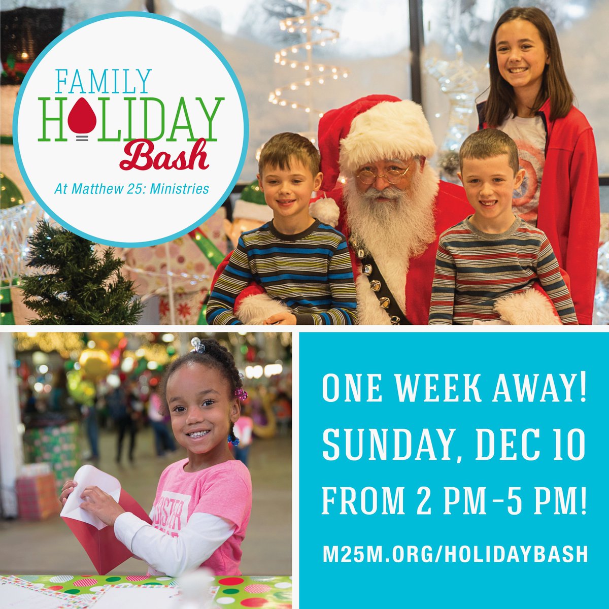 Join us for our Family Holiday Bash at Matthew 25 on 12/10 from 2 PM - 5 PM! Enjoy a magical wonderland, including photos with Santa, games, a candy forest, and more 🎄 Free admission, with donations being accepted to benefit A Kid Again's work. Visit m25m.org/holidaybash.