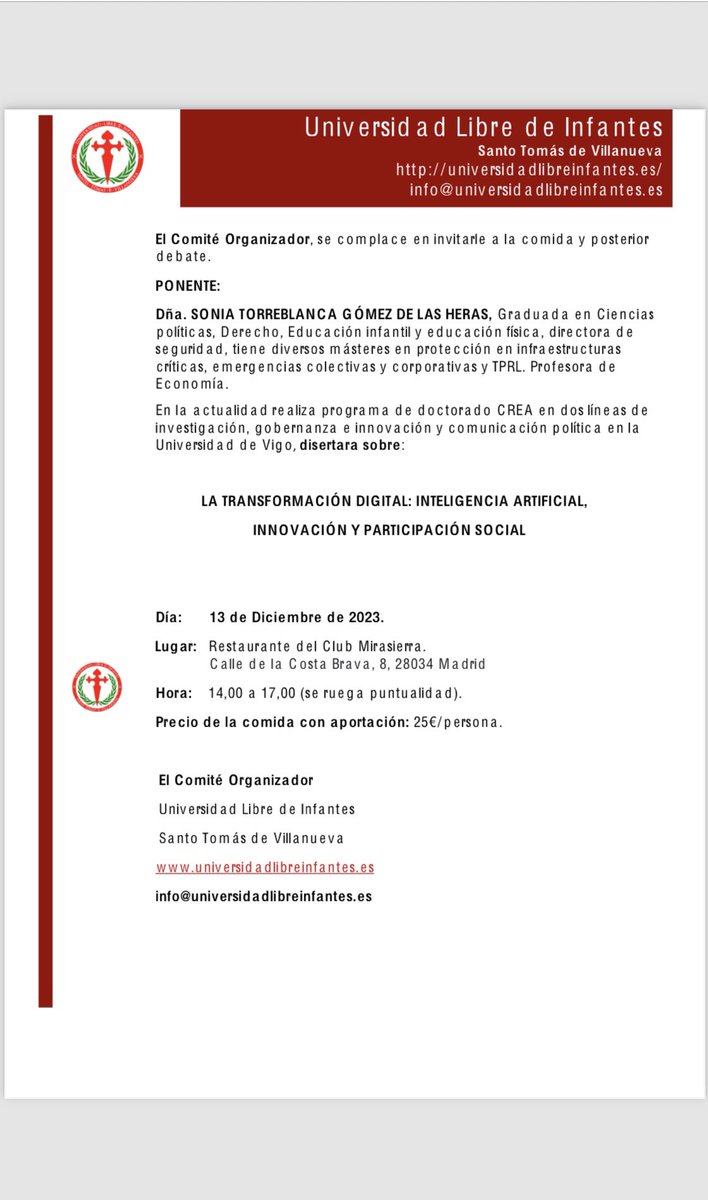 ulinfantes's tweet photo. 13 de Diciembre,próxima comida- debate, por Sonia Torreblanca Gómez de las Heras, disertaré sobre: “La transformación digital: Inteligencia artificial, innovación y participación social”#divulgacioncientífica , #pensamientocrítico, #académicos, #pensamiento 3.0, 🤗😘 https://t.co/uvPndzZrro