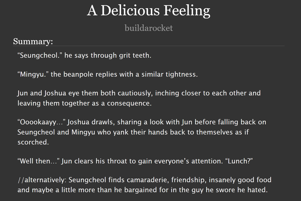 A Delicious Feeling‧₊˚ ⋅ 𓐐𓎩 ‧₊˚ ⋅
⇔GyvChe0l/M!nche0l 🐶🍒| 17/5vt
⇔~4.9k 
⇔rated T
⇔fluff, meet-ugly, enemies to lovers
⇔written for <a href="/svtlyricsff/">SVT Lyrics Fic Fest • AUTHOR REVEALS</a> 
⇔archiveofourown.org/works/51497992