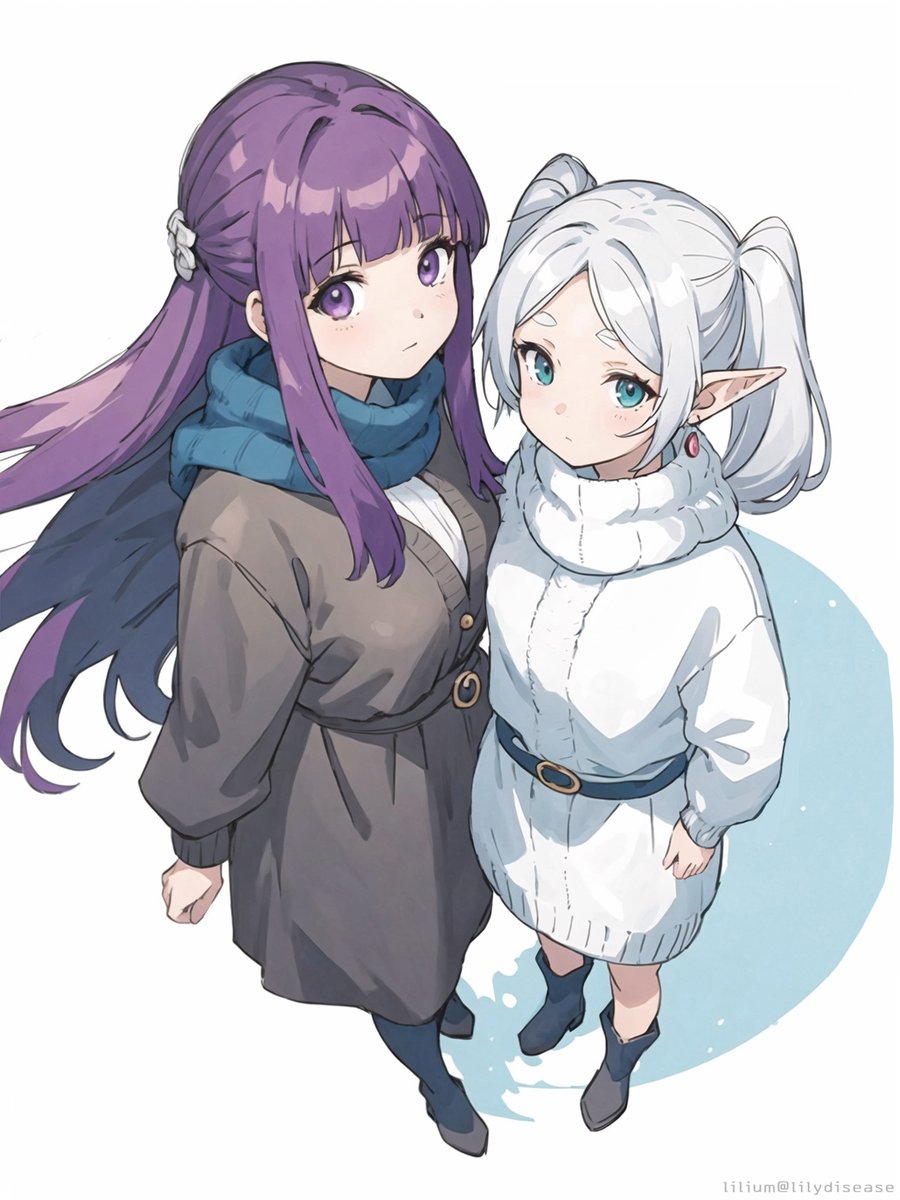 fern (sousou no frieren) ,frieren multiple girls 2girls pointy ears purple eyes purple hair twintails blue scarf  illustration images