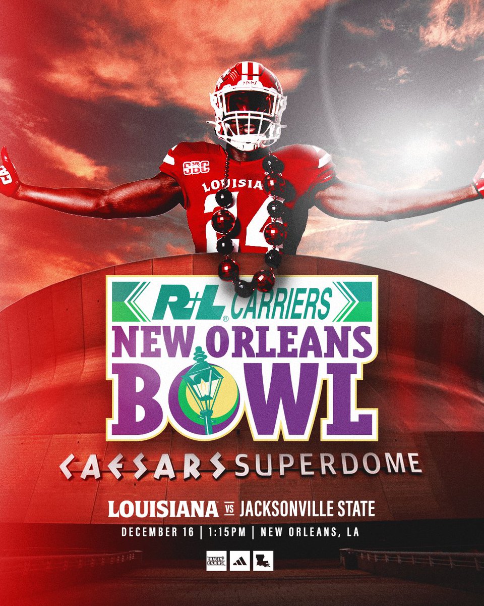𝐍𝐎𝐋𝐀 𝐁𝐎𝐔𝐍𝐃

It's official! Louisiana is New Orleans bound for a program record 𝗦𝗜𝗫𝗧𝗛 straight bowl appearance!

🎟️: ragncaj.co/bowltix

#cULture | #GeauxCajuns | #PaintNOLARed