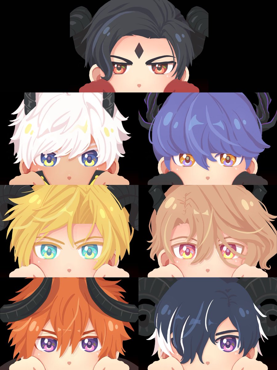 I remastered my old Obey Me! icons~ :9 Lucifer, Mammon, Leviathan, Satan, Asmodeus, Beelzebub, and Belphegor~ The lovable demon brothers

I might redo the side chars too in the future if you want me to

And yes, I also sell their pins at CF17~

#obeyme #comifuro17catalogue