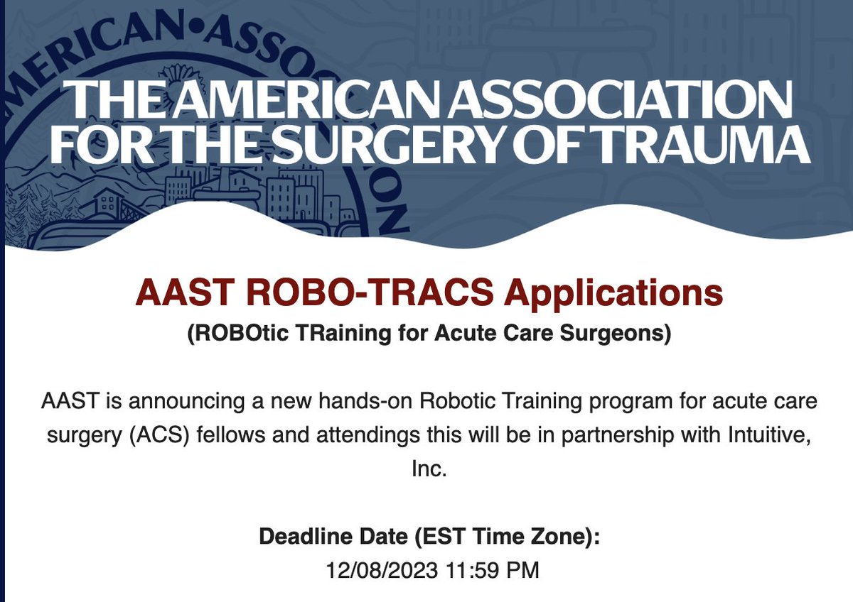 Are you an acute care surgery fellow or ACS attending interested in starting or upping your robotic surgery game? Great opportunity to apply for this new program that will include a series of didactic webinars plus funded attendance at a hands-on day at an @IntuitiveSurg training…