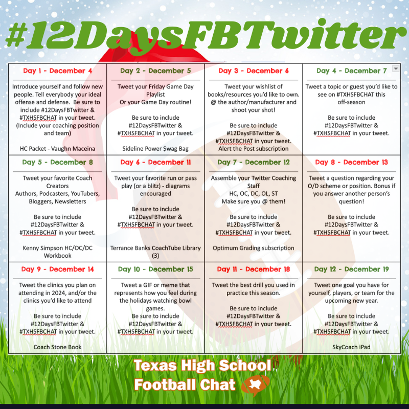 txhsfbchat's tweet photo. DAY 5!!!
🏈Tweet your favorite Coach Creators
Authors, Podcasters, YouTubers, Bloggers, Newsletters

Be sure to include #12DaysFBTwitter &amp; #TXHSFBCHAT in your tweet.

RT and REPLY for your entry to win a @fbcoachsimpson HC/OC/DC Workbook https://t.co/YW8oUNPd2x