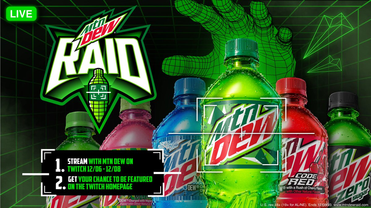 Going live with @mtndewgaming today at 12pm PT!! Join the MTN DEW RAID and stream with MTN DEW from Dec 6th through Dec 8th for your chance to be on the Twitch homepage #MTNDEWGaming Must be 18+ and live in the US to participate #ad