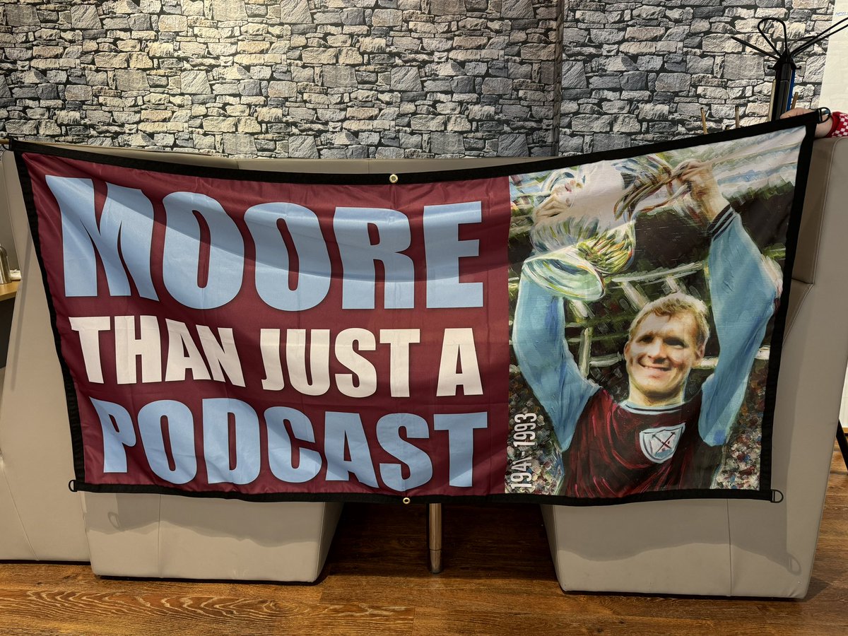 Many thanks to @FootballFlags for the amazing @MooreTJAPodcast flag for the London Stadium. Should be up for the Europa League Freiburg game on 14th December with luck