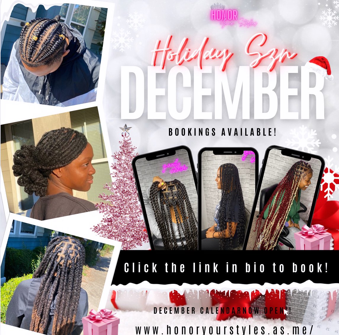 December 2023 Bookings are NOW OPEN! 🥳HAIR INCLUDED for all styles‼️ Book your next appointment with a LICENSED PROFESSIONAL!! Tap the link to book🙃💕
#ncat #ncat26 #ncat27 #ncat25 #ncat24 #uncg #wssu 

honoryourstyles.as.me

instagram.com/honor.your.sty…
