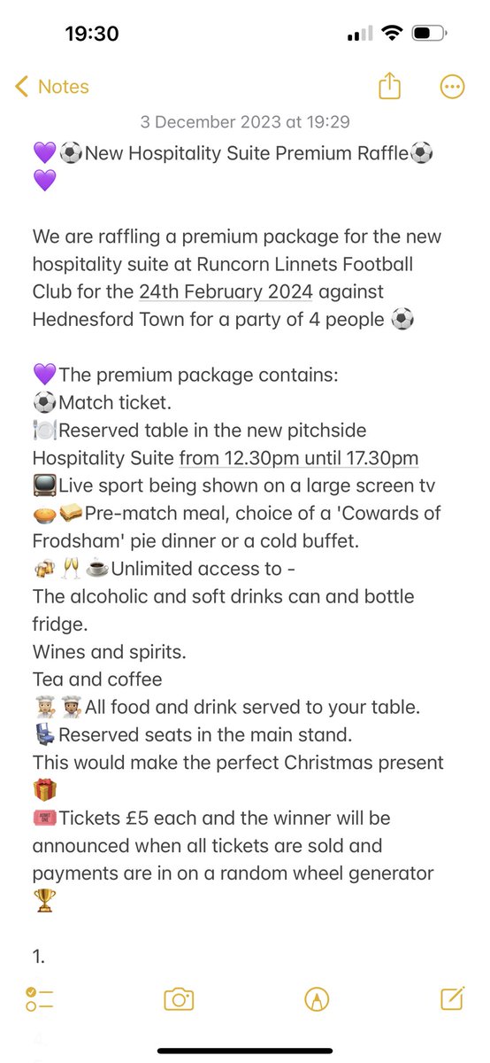Megan Carr (@megcarr2000) on Twitter photo We are raffling a premium package for the hospitality suite for the 24th Feb against Hednesford Town for 4 people ⚽️💜 £5 a ticket message me for any further information.
All money raised will go towards Symphony Morris Dancing.
Thank you <a href="/bluepaul0869/">Paul Riley</a> for donating this to us🥰 We are raffling a premium package for the hospitality suite for the 24th Feb against Hednesford Town for 4 people ⚽️💜 £5 a ticket message me for any further information.
All money raised will go towards Symphony Morris Dancing.
Thank you <a href="/bluepaul0869/">Paul Riley</a> for donating this to us🥰