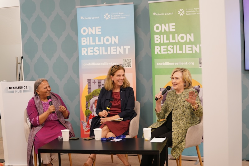 HillaryClinton's tweet photo. Thank you @ArshtRock and @AtlanticCouncil for keeping the focus on how gender-responsive policies must be at the center of climate action. I had a wonderful conversation with Global Chief Heat Officer @leniomyrivili and SEWA Director Reema Nanavaty about what gender justice means in the face of climate impacts.