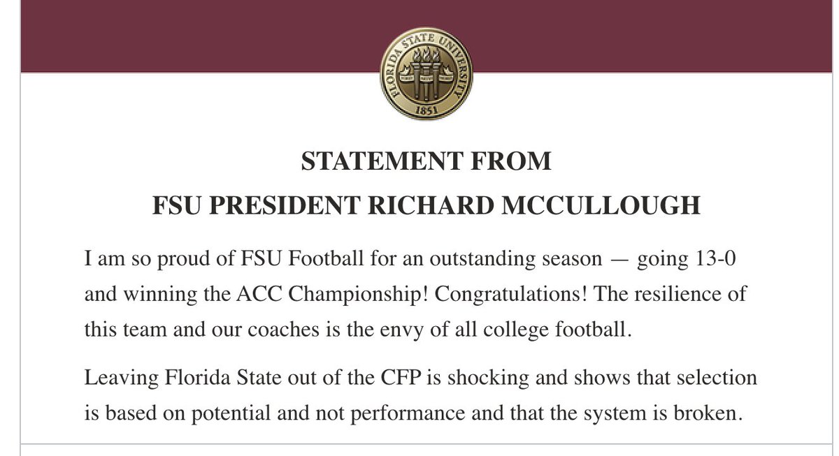 My response to <a href="/FSUFootball/">FSU Football</a> being left out of the <a href="/CFBPlayoff/">College Football Playoff</a>: