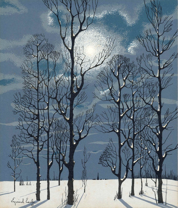 Winter Trees at Night with Moon © Eyvind Earle (American, 1916 - 2000)
