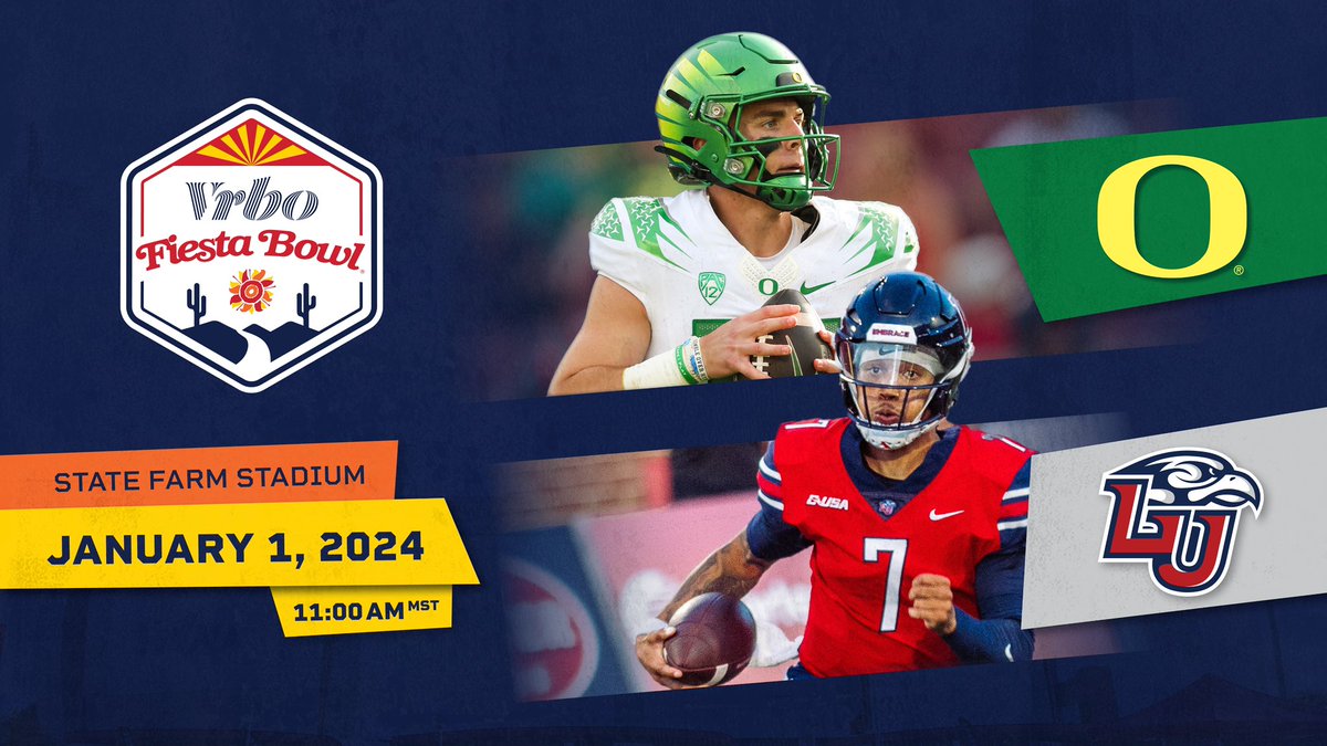 🏈🌵 𝐒𝐄𝐋𝐄𝐂𝐓𝐈𝐎𝐍𝐒 𝐌𝐀𝐃𝐄: It will be <a href="/LibertyFootball/">Liberty Football</a> vs. <a href="/oregonfootball/">Oregon Football</a> in the @Vrbo #FiestaBowl on New Year's Day (11 am MST)!

Get your tickets now and kick off 2024 with us at <a href="/StateFarmStdm/">State Farm Stadium</a>.

🎟️  FiestaBowl.org/tickets