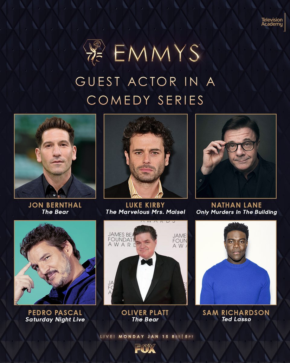 Congratulations, Outstanding Guest Actor in a Comedy Series nominees! ✨

<a href="/jonnybernthal/">Jon Bernthal</a> - <a href="/TheBearFX/">The Bear</a>
#LukeKirby - <a href="/MaiselTV/">The Marvelous Mrs. Maisel</a>
#NathanLane - <a href="/OnlyMurdersHulu/">Only Murders in the Building 🕵️‍♀️🕵️‍♂️🕵️‍♂️</a>
#PedroPascal - @NBCSNL
#OliverPlatt - <a href="/TheBearFX/">The Bear</a>
<a href="/SamRichardson/">Sam Richardson</a> - <a href="/TedLasso/">Ted Lasso</a>

#75thEmmys #EmmyNoms #Emmys #TelevisionAcademy