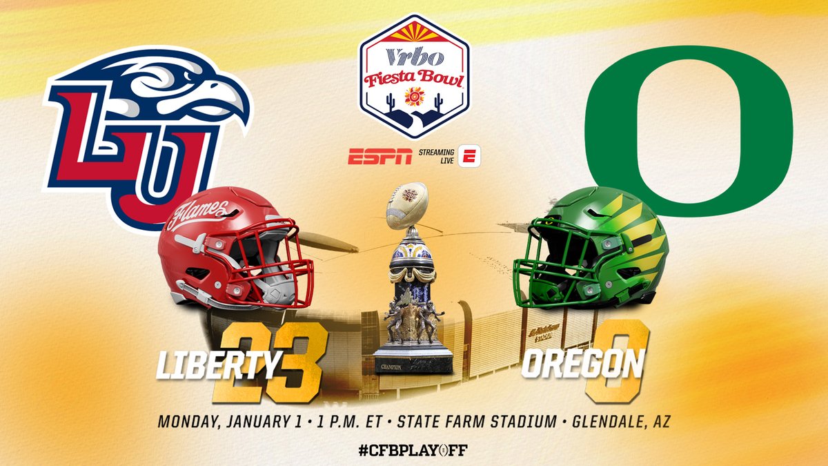 College Football Playoff (@cfbplayoff) on Twitter photo #CFBPlayoff New Years Six: Vrbo <a href="/Fiesta_Bowl/">Fiesta Sports Foundation</a>
8️⃣. Oregon // <a href="/oregonfootball/">Oregon Football</a>
🆚
2️⃣3️⃣. Liberty // <a href="/LibertyFootball/">Liberty Football</a>
Monday, January 1.
🏈🏆 #CFBPlayoff New Years Six: Vrbo <a href="/Fiesta_Bowl/">Fiesta Sports Foundation</a>
8️⃣. Oregon // <a href="/oregonfootball/">Oregon Football</a>
🆚
2️⃣3️⃣. Liberty // <a href="/LibertyFootball/">Liberty Football</a>
Monday, January 1.
🏈🏆